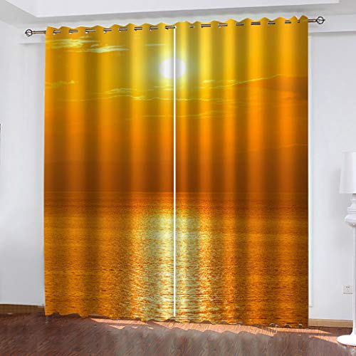 2Er Set Blickdichte Vorhang Für Schlafzimmer 160X200cm (HxB) 3D Druck Sonnenuntergang Goldene Meereslandschaft Muster Gardinen Mit Ösen - Verdunklungsvorhänge Kälteschutz & Hitzeschutz Ösenvorhang Wo von BIURKA