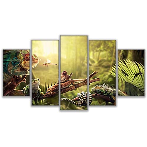 Deko Bilder auf Leinwand Leguan Schnecke Gecko Reptilien Bild Leinwanddrucke Malerei Wohnzimmer Wand Kunst Leinwand Poster Bild 5 Panels ohne Rahmen 100x55cm von BIURKA