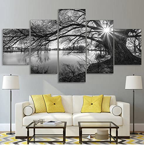 Druck Leinwand Gemälde Schwarz-weißer Malerei-Baum-Fluss Bilder Deko Schlafzimmer Moderne Bilder für Wohnzimmer Dekor 5 Panels ohne Rahmen 150x80cm von BIURKA