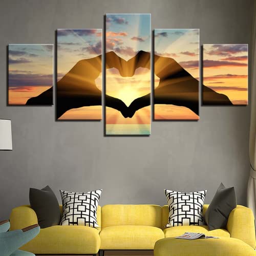 Leinwandbilder Bild auf Leinwand Herz-Form-Sonnenuntergang-Sonnenschein Malerei Dekorative Wohnzimmer Wand Kunst Leinwand Poster Bild 5 Panels ohne Rahmen 50x25cm von BIURKA