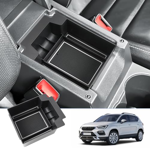 BIXUAN Ateca 2024 kompatibel mit Seat Cupra Ateca SUV FR 2016-2022 2023 Mittelkonsole Aufbewahrungsbox Rutschfester Matte Ablagefach Zubehör Armlehne Organizer Tray Mittelarmlehne Handschuhfach (Weiß) von BIXUAN