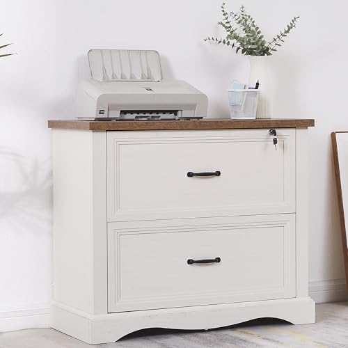 Aktenschrank im Landhausstil mit 2 Schubladen, 80cm Seitenschrank aus Holz mit Hängeleisten, verschließbare obere Schublade, fürs Homeoffice, geeignet für Letter/Legal/A4 Formate von BIXUYOU