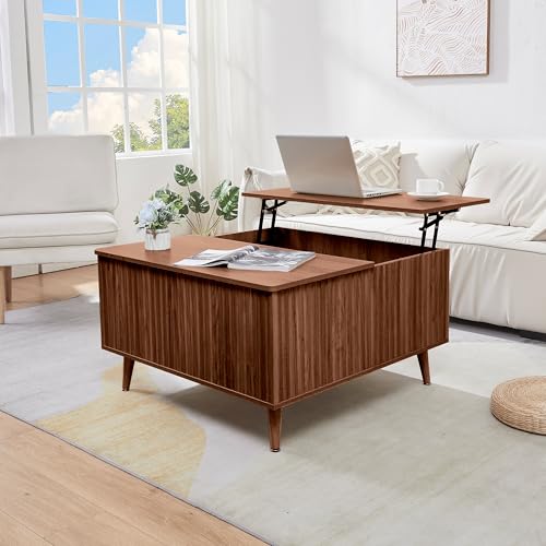 Höhenverstellbarer Couchtisch mit Stauraum, Quadratischer Kaffeetische mit Ausziehbarer Ablage, Couch Wohnzimmertisch mit gerillter Platte für Wohnzimmer, Home-Office, Studio oder Schreibtisch von BIXUYOU
