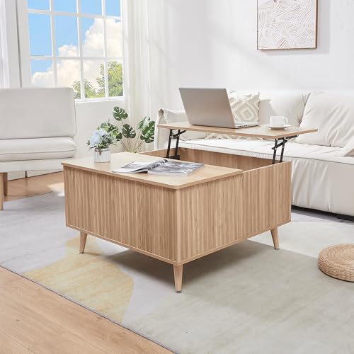 Höhenverstellbarer Couchtisch mit Stauraum, Quadratischer Kaffeetische mit Ausziehbarer Ablage, Couch Wohnzimmertisch mit gerillter Platte für Wohnzimmer, Home-Office, Studio oder Schreibtisch von BIXUYOU