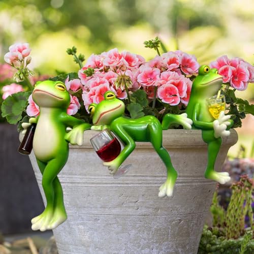 BIZOI Blumentopf Hänger Frösche Deko Figuren, Blumentopf Hänger Frösche, 3 Stück Grün Frosch Blumentopfhänger, Frosch Deko für Draußen Garten Balkon Teiche Terrasse Deko Miniteich Deko von BIZOI