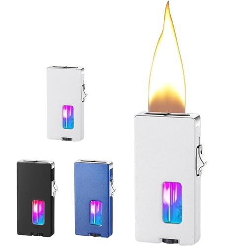 Butanfeuerzeug aus Metall mit extra breiter Flamme, robuster Induktionszündung und leuchtendem, sichtbarem Luftfenster for Camping im Freien und Kerzenlicht (weiß)(White) von BIZTTLOG