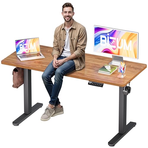 Elektrischer Stehpult, höhenverstellbarer Schreibtisch, Sitz-zu-Steh-Schreibtische, Speicher-Gaming-Computer-Arbeitsplatz für Heimbüro, Helles rustikales Braun von BIZUM