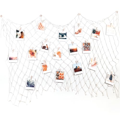 BIZYAC Hängendes Foto Display Fischnetz Wand Boho Dekor mit Clips – Skulpturale Bilderrahmen Collage – 20 Clips – 4 nicht spurlose Haken – ohne Löcher Bohren – 101,6 x 88,9 cm von BIZYAC