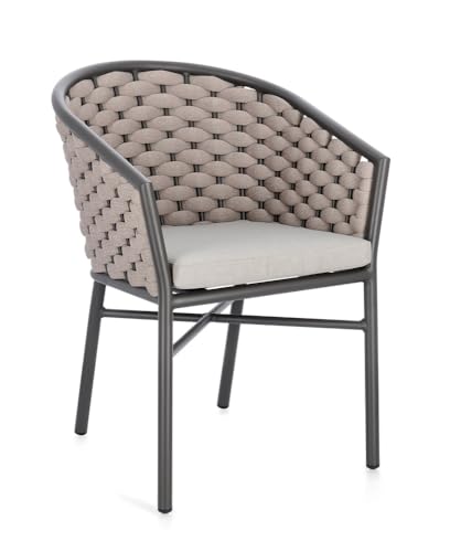 Bizzotto Stuhl mit Armlehnen und Kissen MARGALIDA anthrazit/khaki aus Aluminium und Seilgeflecht für Garten und Wintergarten von BIZZOTTO