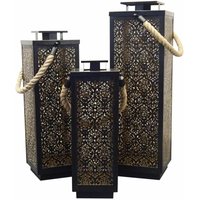 Kit mit 3 dekorativen Metall-Laternen mit Kerzenhalter mit Gold verziert innen h 69 cm -Schwarz von BIZZOTTO