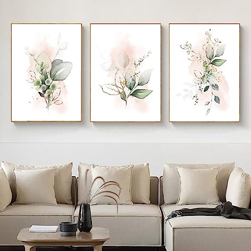 BIopLj 3Er-Set Minimalistisches Pflanzen-Rosa-Aquarell-Poster Goldenes Grünes Blatt Wandbild Farbverlauf Kunstdruck Nordische Leinwandmalerei Heim Dekoration-50 * 70Cm/20 * 27 Zoll (Ohne Rahmen) von BIopLj