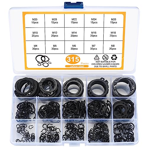 315 Stk Sicherungsring Set, Sprengringe Seegering Sortiment Kit, Innen E-Clip Sicherungsringe, 4-28mm Externes C-Clips Geteilte Schnallen Unterlegscheiben für Gerillten Schäften (Schwarz) von BJBJJIU