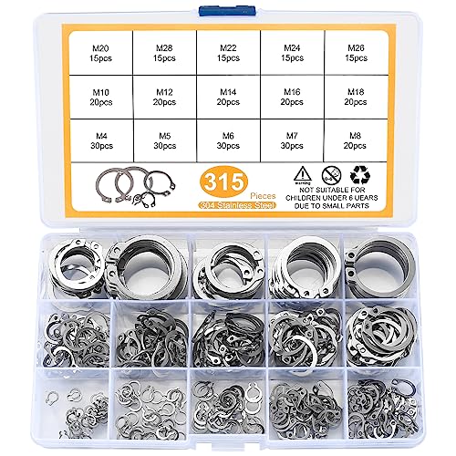 315 Stk Sicherungsring Set, Sprengringe Seegering Sortiment Kit, Innen E-Clip Sicherungsringe, 4-28mm Externes C-Clips Geteilte Schnallen Unterlegscheiben für Gerillten Schäften (Silber) von BJBJJIU