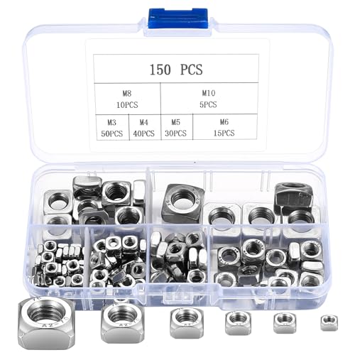 Vierkantmutter, 150 Stück Edelstahl Vierkantmuttern, Quadrat Muttern, Gewindemuttern, quadratisch Einlegemutter Sortiment Set für Holz Möbel Schraubenmuttern - M3 M4 M5 M6 M8 M10 (Silber) Vierkantmutter, 150 Stück Edelstahl Vierkantmuttern, Quadrat Muttern, Gewindemuttern, quadratisch Einlegemutter Sortiment Set für Holz Möbel Schraubenmuttern - M3 M4 M5 M6 M8 M10 (Silber) von BJBJJIU