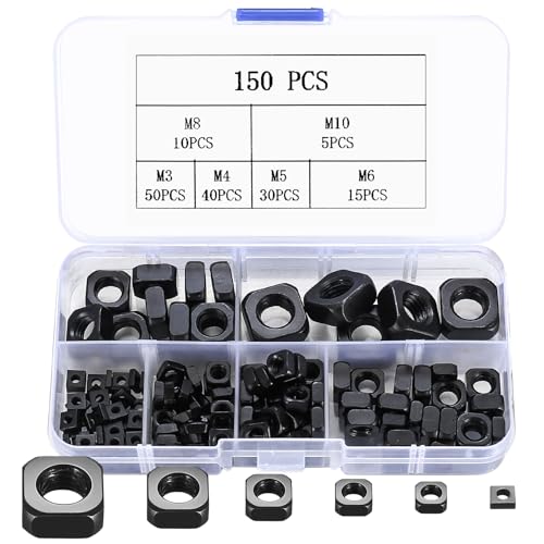 Vierkantmutter, 150 Stück Kohlenstoffstahl Vierkantmuttern, Quadrat Muttern, Gewindemuttern, quadratisch Einlegemutter Sortiment Set für Holz Möbel Schraubenmuttern - M3 M4 M5 M6 M8 M10 (Schwarz) von BJBJJIU