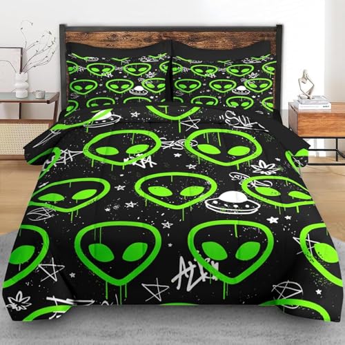 BJCJGGL Bettwäsche 135x200 GrüNer Alien Bettwäsche-Set mit Reißverschluss Schließung und 2 Kopfkissenbezug 80x80 cm - Weicher Atmungsaktive Mikrofaser Bettbezug für Kinder Mädchen BJCJGGL Bettwäsche 135x200 GrüNer Alien Bettwäsche-Set mit Reißverschluss Schließung und 2 Kopfkissenbezug 80x80 cm - Weicher Atmungsaktive Mikrofaser Bettbezug für Kinder Mädchen von BJCJGGL