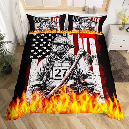BJCJGGL Bettwäsche 200x220 Feuerwehrmann Bettwäsche-Set mit Reißverschluss Schließung und 2 Kopfkissenbezug 80x80 cm - Weiche Angenehme Mikrofaser Bettbezug für Erwachsene Kinder von BJCJGGL