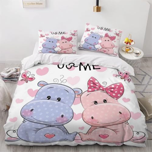 BJCJGGL Bettwäsche 200x220 Rosa Nilpferd Bettwäsche-Set mit Reißverschluss Schließung und 2 Kopfkissenbezug 80x80 cm - Weiche Angenehme Mikrofaser Bettbezug für Erwachsene Kinder von BJCJGGL
