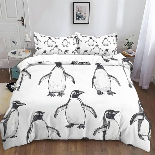BJCJGGL Bettwäsche 200x220 WeißEr Pinguin Bettwäsche-Set mit Reißverschluss Schließung und 2 Kopfkissenbezug 80x80 cm - Weiche Angenehme Mikrofaser Bettbezug für Erwachsene Kinder von BJCJGGL