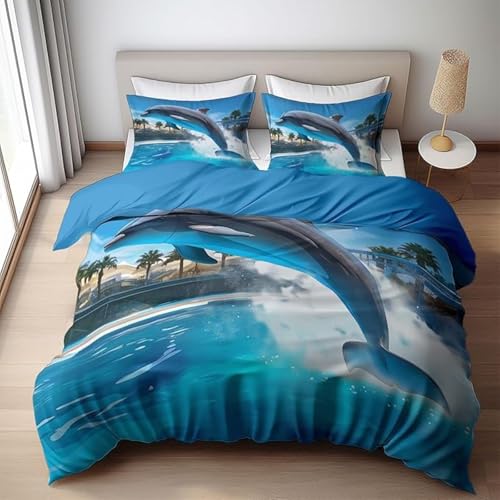BJCJGGL Bettwäsche 220x240 Blauer Delfin Bettwäsche-Set mit Reißverschluss Schließung und 2 Kopfkissenbezug 80x80 cm - Weicher Atmungsaktive Mikrofaser Bettbezug für Erwachsene Kinder von BJCJGGL
