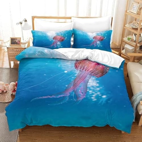 BJCJGGL Bettwäsche 260x240 Blaue Qualle Bettwäsche-Set mit Reißverschluss Schließung + 2 Kopfkissenbezug 80x80 cm - Weicher Atmungsaktive Mikrofaser Bettbezug für Erwachsene Kinder von BJCJGGL