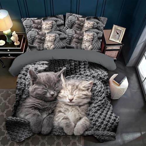 BJCJGGL Bettwäsche 260x240 Graue Katze Bettwäsche-Set mit Reißverschluss Schließung + 2 Kopfkissenbezug 80x80 cm - Weicher Atmungsaktive Mikrofaser Bettbezug für Erwachsene Kinder von BJCJGGL