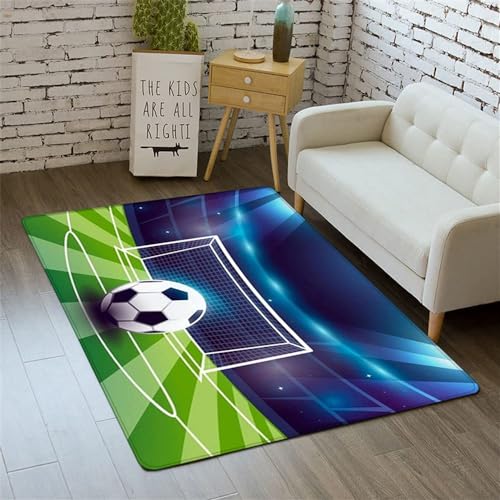 BJMAND Moderner Teppich mit 3D-Fußball-Druck, extra groß, weich, kurzer, mittelfloriger Teppich, rutschfest, waschbar, Fußmatten für Schlafzimmer, Kinderzimmer, Dekoration (Blaugrün, 50 x 80 cm) von BJMAND