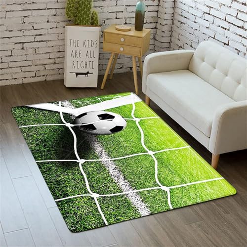 BJMAND Moderner Teppich mit 3D-Fußball-Druck, extra groß, weich, kurzer, mittelfloriger Teppich, rutschfest, waschbar, Fußmatten für Schlafzimmer, Kinderzimmer, Dekoration (Grün, 60 x 90 cm) von BJMAND