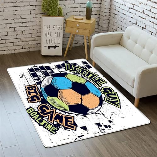 BJMAND Moderner Teppich mit 3D-Fußball-Druck, extra groß, weich, kurzer, mittelfloriger Teppich, rutschfest, waschbar, Fußmatten für Schlafzimmer, Kinderzimmer, Dekoration (Weiß, 100 x 120 cm) von BJMAND