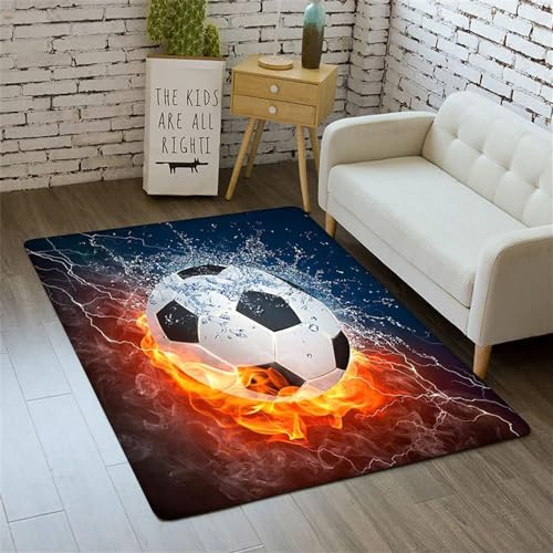 BJMAND Moderner Teppich mit 3D-Fußball-Druck, extra groß, weich, kurzer, mittelfloriger Teppich, rutschfest, waschbar, Fußmatten für Schlafzimmer, Kinderzimmer, Dekoration (rote Flamme, 60 x 90 cm) von BJMAND