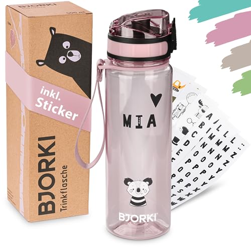 BJORKI® Trinkflasche Kinder auslaufsicher 500ml inkl. BONUS Namenssticker - Ideal für Schule, Kindergarten & Sport - Kohlensäure geeignet - Robuste Wasserflasche für aktive Kids (Pastell Rosa) von BJORKI