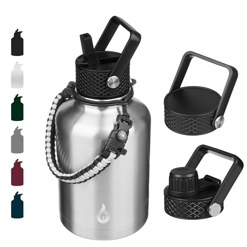 BJPKPK Isolierte Wasserflaschen mit Strohhalm-Deckel, 1500ml großer Wasserkrug, Edelstahl-Vakuumflaschen, Heiß- und Kalt-Thermoskanne mit 3 Deckeln und Paracord-Griff, Edelstahl von BJPKPK