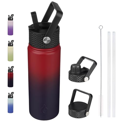 BJPKPK Isolierte Wasserflaschen mit Strohhalm-Deckel, 650 ml, kalte und heiße Thermosflasche, Edelstahl-Metall-Wasserflasche mit 3 Deckeln, wiederverwendbare Thermoskanne, Charming Red von BJPKPK