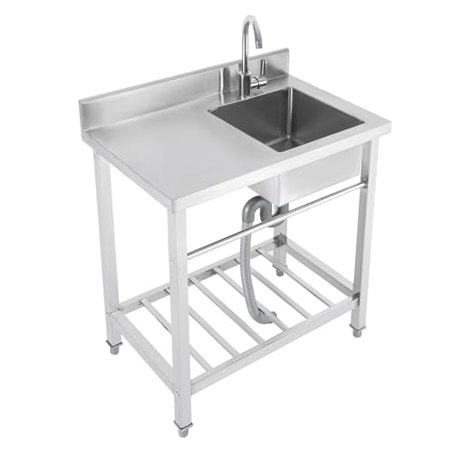 BJTDLLX Freistehende Küchenspüle Edelstahl Spülbecken Spültisch KüchenspüLe mit Unterschrank 1 Becken Waschbecken Gewerbliche Spüle mit Wasserhahn, Tragfähigkeit 220.46lbs von BJTDLLX