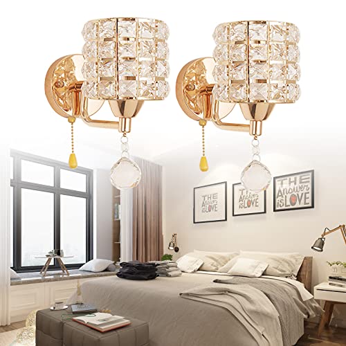 BJTDLLX Wandleuchte Moderne Kristall Wandlampe mit Ziehen Schalter LED Wandbeleuchtung Kreative Wohnzimmer Lampe, 2 Stücke, E27x2, ohne Lichtquelle (Gold) von BJTDLLX