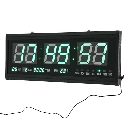 LED Digitale Wanduhr mit Display, Wanduhr Digital Groß mit Datum und Temperatur, 12/24-Stunden Modus, Zeitspeicher, Leise Wanduhr für Lager, Garage, Wohnzimmer, 480 x 190 x 30 mm | EU Stock (Grün) von BJTDLLX