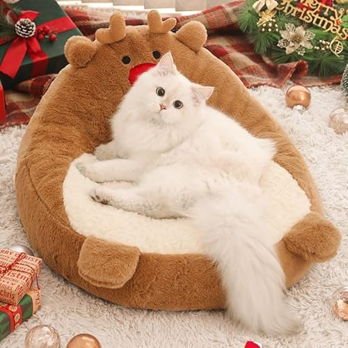 Katzenbett für Indoor-Katzen – Weihnachts-Rentier-Design, Katzen-Couch-Sofa und Hundebett für kleine Hunde, flauschig weich, verdickt mit rutschfester Unterseite, winterwärmende Dekoration von BJWU