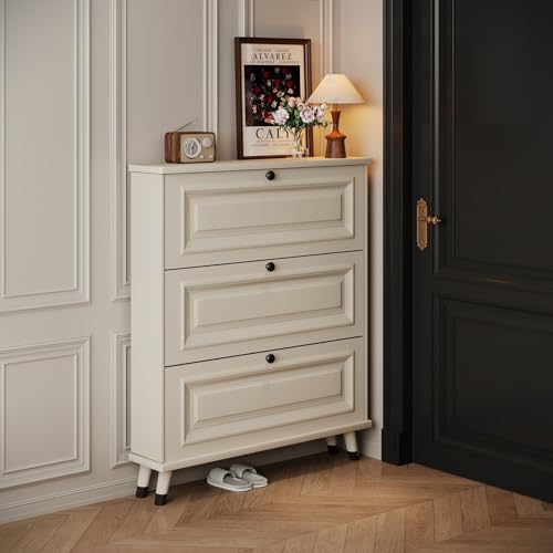 BK&MF Moderner schmaler Schuhschrank mit 3 Flip-Schubladen,Versteckter Schuhkipper mit verstellbarem Regal und Metallbeinen Platzsparend für Foyer, Flur,A,100x17x118cm(39x7x46inch) von BK&MF