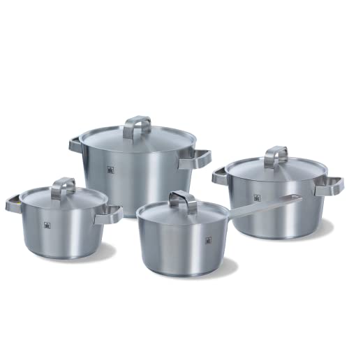 BK Conical+ Gebürstetes 4-teiliges Kochgeschirr-Set aus Edelstahl mit Deckeln, induktionsgeeignet, backofen- und bratfest bis 230C, spülmaschinenfest, Stay-Cool-Griffe, PFAS-frei, Silber von BK