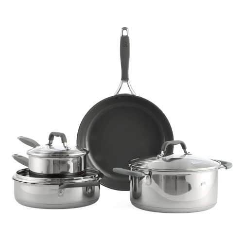 BK Control Edelstahl Keramik Antihaft 7-Teiliges Kochgeschirr Set mit Deckeln,Enthält Kochtopf,Bratpfanne,Schmorpfanne,PFAS Frei,Induktion,Backofenfest bis 180˚C,Spülmaschinenfest,Silikongriff,Silber von BK