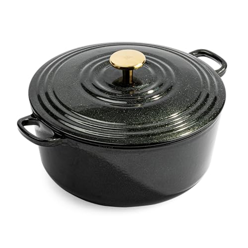 BK Cookware Bourgogne Deutsches Emaille-Gusseisen, 28cm/6,7Liter Schmortopf Auflaufform mit Deckel,Dutch Oven,Bräter,Feuertopf Induktion,Spülmaschinenfest,Backofenfest bis zu 220°C,Funkelnd Schwarz von BK