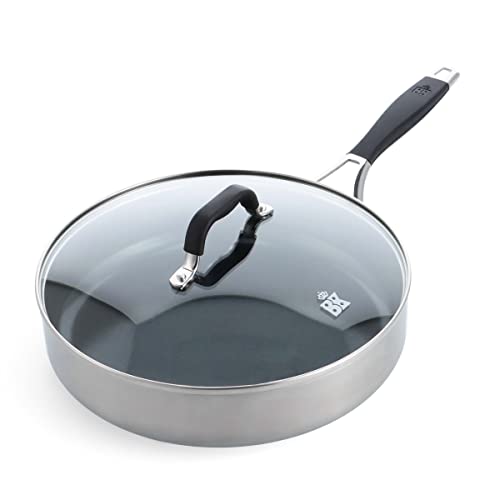 BK Intelligence 28 cm/3,6 L Edelstahl Schmorpfanne mit Keramische Antihaftbeschichtung mit Glas Deckel, PFAS-Frei, Induktion, Kühl Bleiben Griff, Spülmaschinenfest, Backofenfest, Silber & Schwarz von BK
