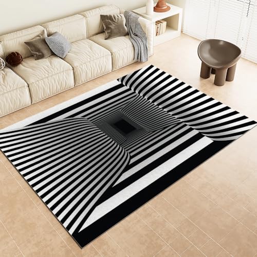 BKCCZ Schwarze Und Weiße Streifen Teppich Kinderzimmer 80x160cm Kreativer Schwindel Carpet Moderner Teppich Wohnzimmer Rutschfester Teppich Junge Mädchen 3D Effekt von BKCCZ