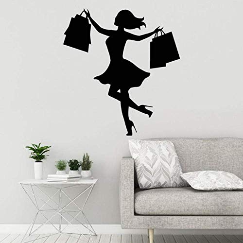 Vinyl Wandtattoo Silhouette Shopping Mädchen Frau Einkaufszentrum Laden Markt Fenster Glasdekoration Mit Tasche Aufkleber Wandbild 57X61 Cm von BKDPW