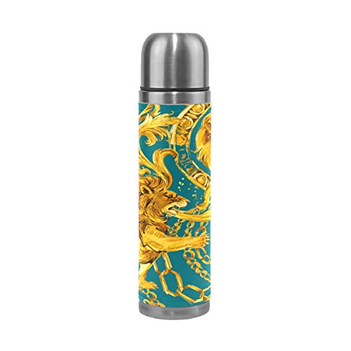 BKEOY Reisebecher, vakuumisoliert, Edelstahl, doppelwandig, auslaufsicher, Becherflaschen, luxuriös, goldenes Design, Löwenkette, personalisierbar, bedruckt, echtes Leder, 500 ml von BKEOY