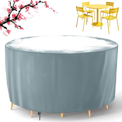 BKPH Abdeckung für Gartenmöbel, Rund Abdeckung Gartentisch Wasserdicht, Gartenmöbel Abdeckung mit Kordelzug für Möbelsets Gartentisch Sitzgruppe, Grau, Φ290x90cm von BKPH