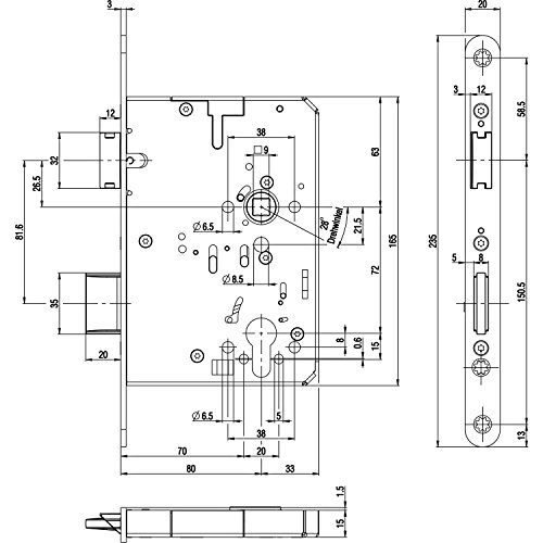 Fluchttürschloss B-23200-06-L-8 1-flg. Funk. B, Rundstulp 20,PZ 80 links von BKS