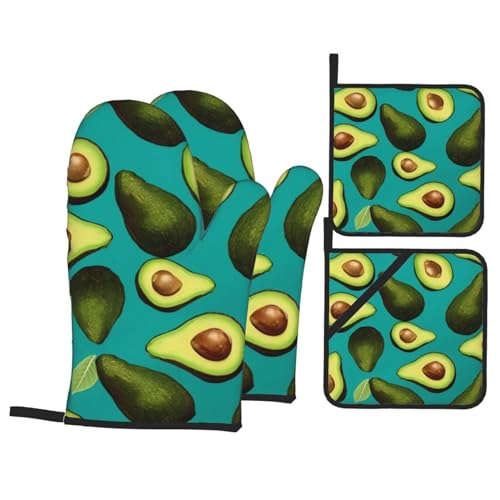 Ofenhandschuhe und Topflappen, Motiv: frische tropische Früchte, Avocado, 4-teiliges Set, rutschfeste Ofenhandschuhe, isolierte Mikrowellen-Ofenhandschuhe und Kochhandschuhe für Küche, Backen, von BKTRAVERPT