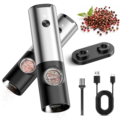 BKXCHA Salz und Pfeffermühle Elektrisch 2er Set, Wiederaufladbare USB Automatischer Betrieb Gewürzmühle Elektrisch mit Basis, LED-Licht,Einstellbare Grobkörnigkeit von BKXCHA