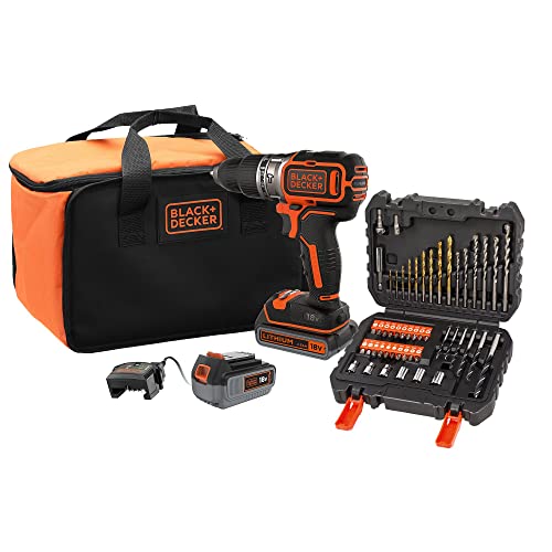BLACK+DECKER 18 V Akku-Schlagbohrschrauber mit 2 Steckdosen, bürstenloser Motor, 13-mm-Schnellwechselfutter, LED-Arbeitsleuchte, 2 Batterien, 50-teiliges Zubehör, Ladegerät und Softbag, BL188ME2SA-QW von BLACK+DECKER